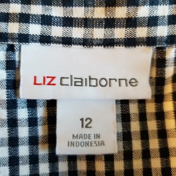 Liz Claiborne Navy Blue White Puff Short Sleeve Check Gingham Midi Dress Size 12 - Picture 3 of 7